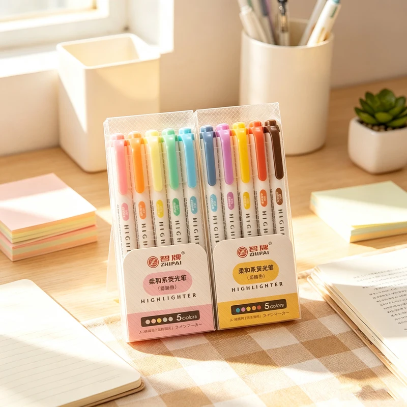 5 Colors Double Head Pastel Highlighters, Dual Tip Fluorescent Marker Pens, Cute Japanese Style Drawing Highlighter Stationery