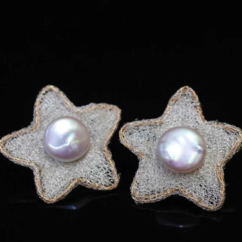 

SGARIT Pearl Jewelry DIY Star Lace 13-14mm 14k Filled Gold Natural Freshwater Button Pearl Stud Earrings for Women