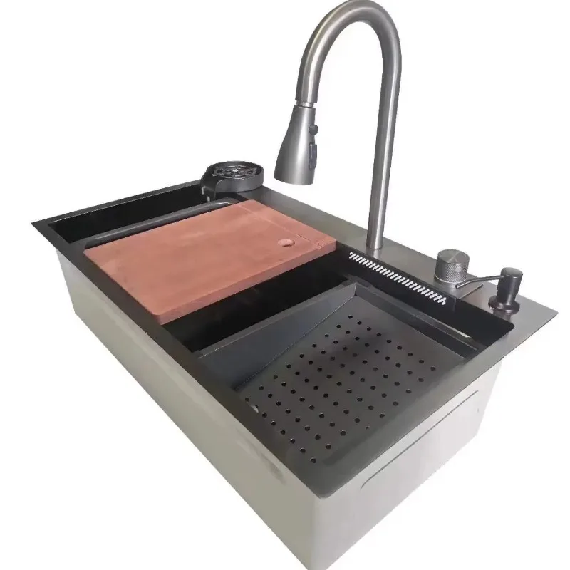 2024 Hot Sale High End Multi-Function Handmade Undermount Black Nano 304 Stainless Steel Kitchen Sink with Cup Washer