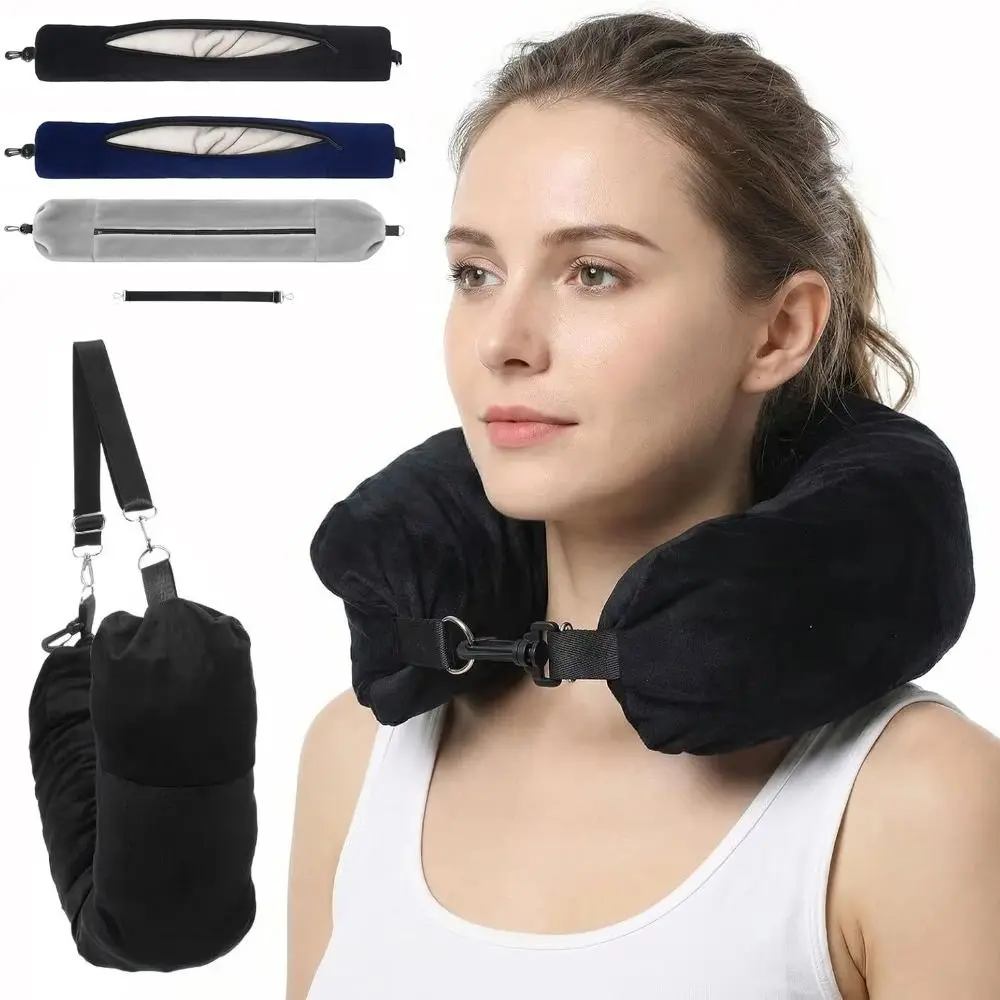 Portable Travel Neck Pillow Solid Color Crystal Fleece U Shaped Pillowcase Fillable with Strap Storage Bag Pillow