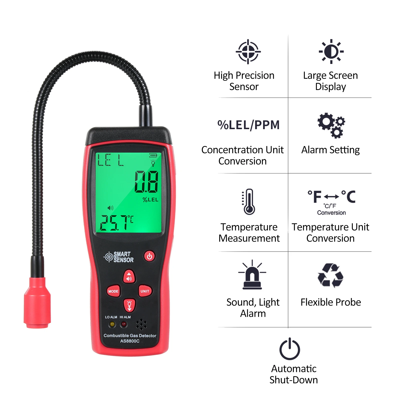 SMART SENSOR Handheld Combustible Gases Natural Gases Leak Detector with Temperature Test and Sound Light Alarm Function