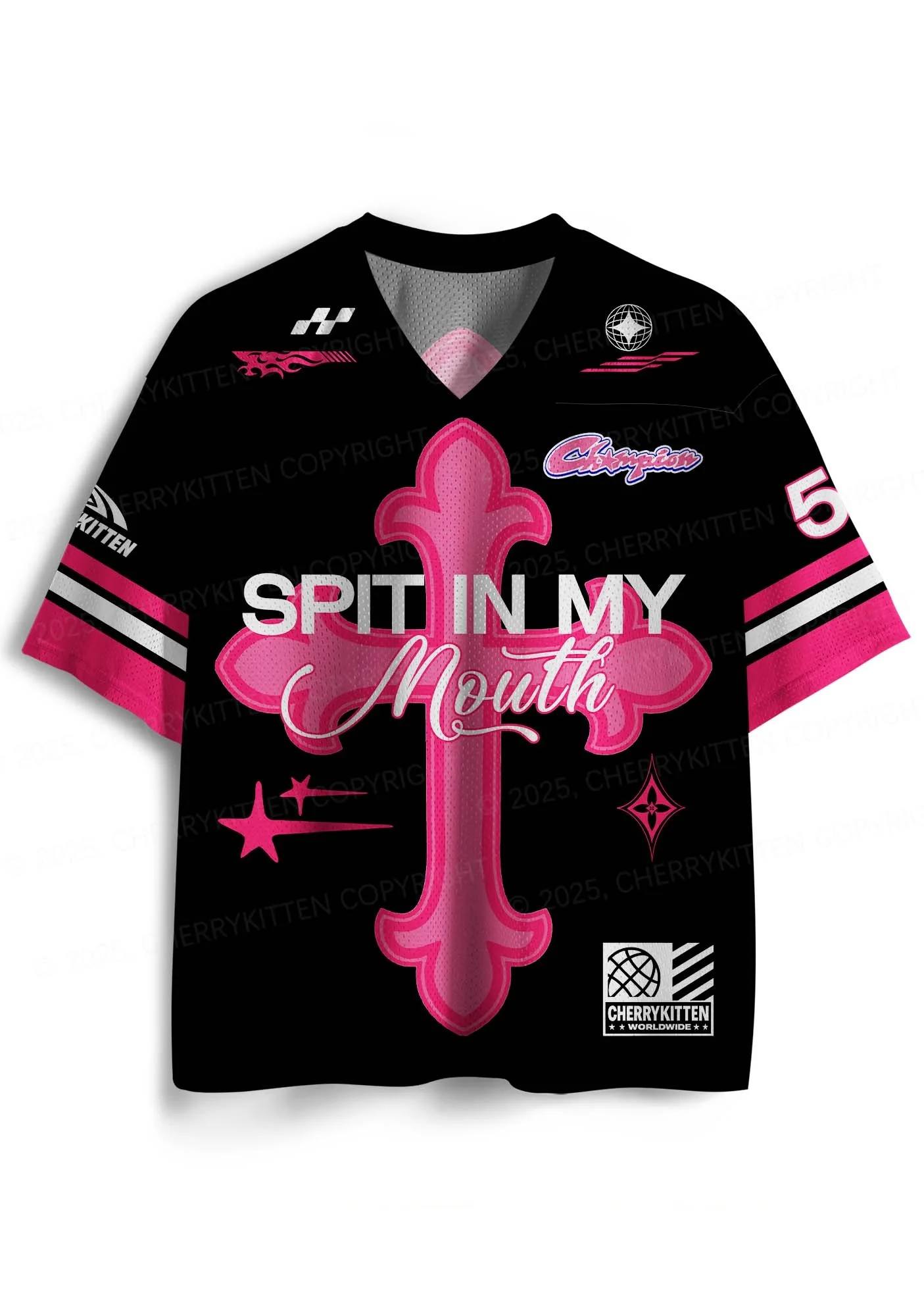 Black background pink cross star racing jersey, loose shoulder sports short sleeved top