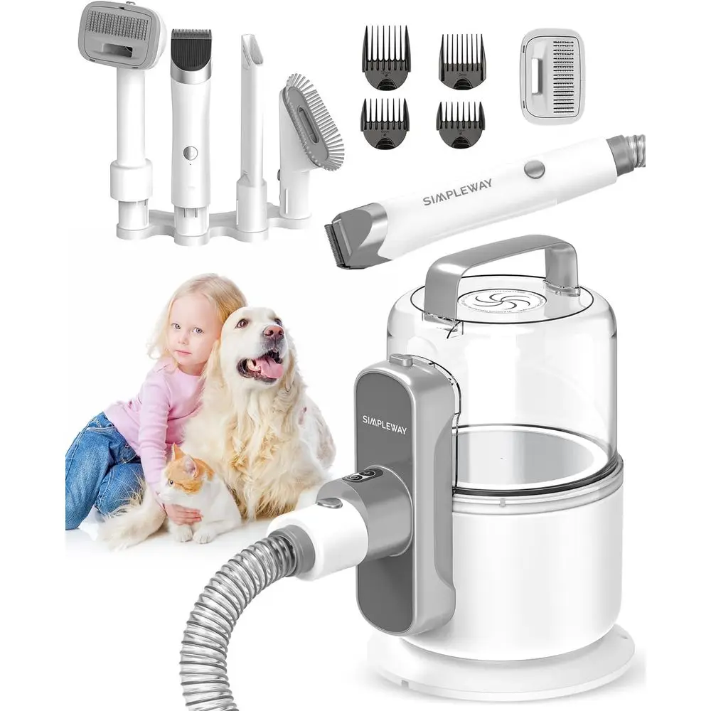 

Dog Vacuum Grooming Kit for Shedding: Professional Hair Clippers Pet Groomer - Strong Suction Cleaner Deshedding Tool Fur Brush
