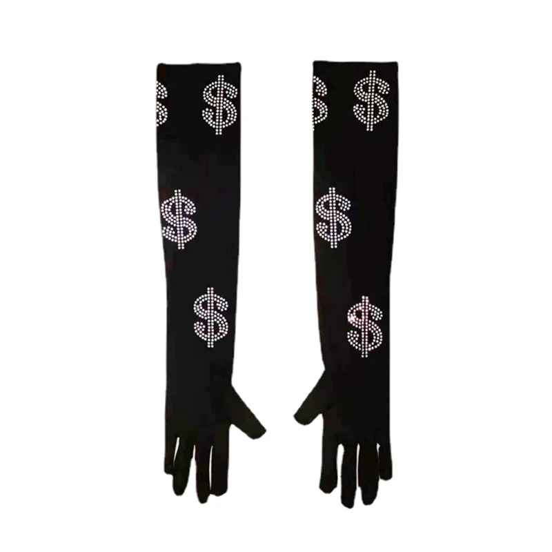 

Long Cosplay Mittens Sunscreen Gloves Full Finger Gloves with Decorative White Shinning Rhinestones for Women Wedding Bridals