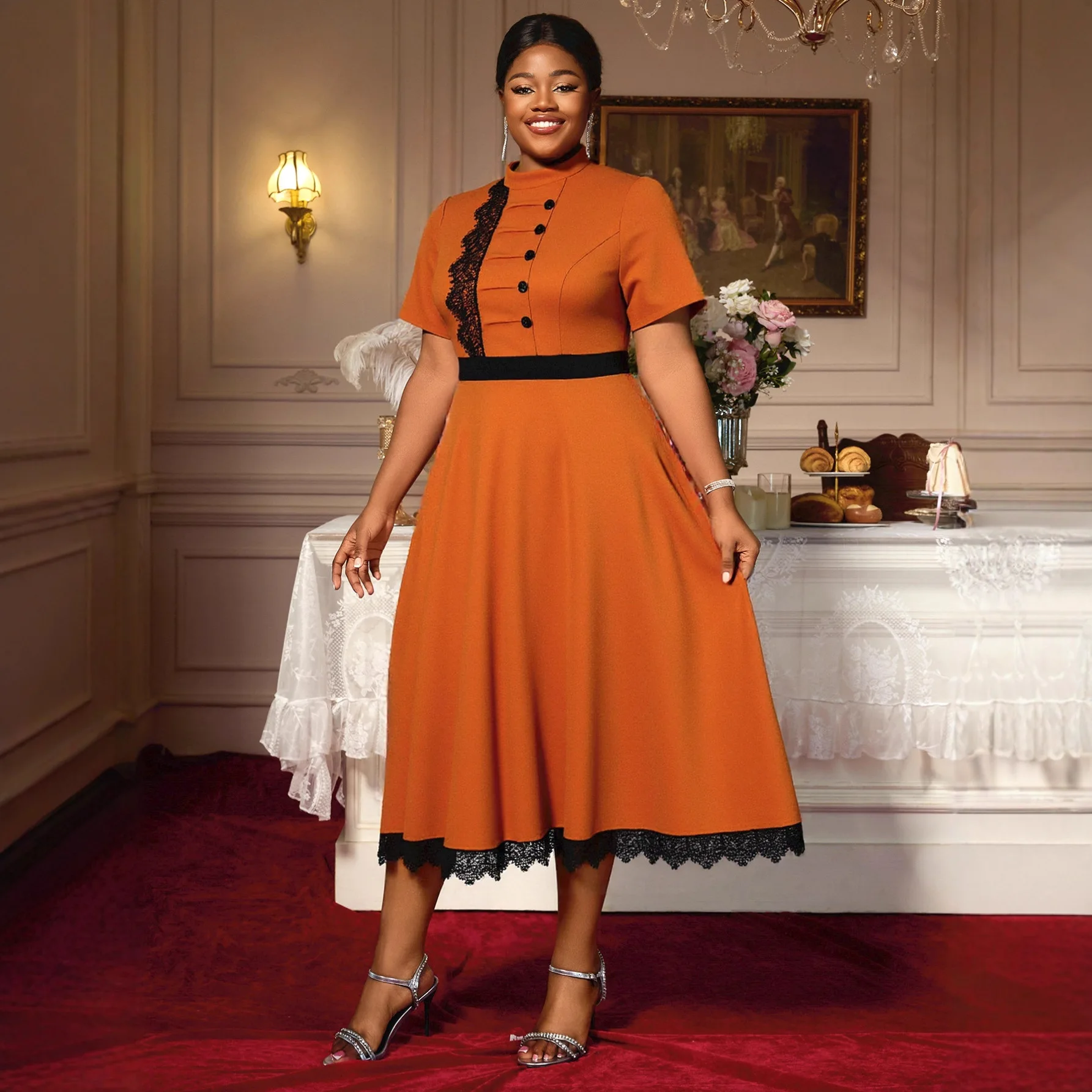 

Plus-size Women's Lace Short-sleeve Patchwork Dress, Stand-up Collar, Waist-cinching, Elegant, Suitable For Parties And Work Y2K