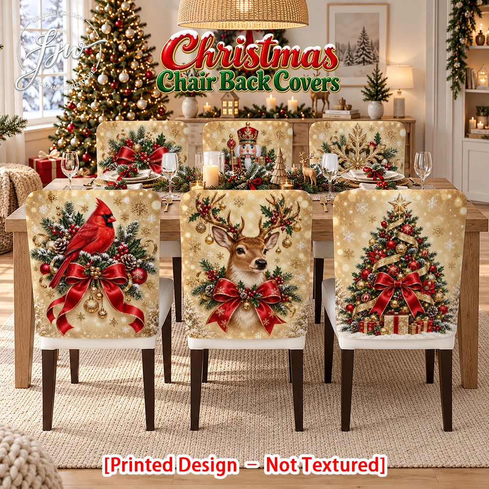 2/4/6pc Christmas Chair Back Covers Festive Holiday Dining Chair Slipcovers with Cardinal Reindeer Christmas Tree Designs
