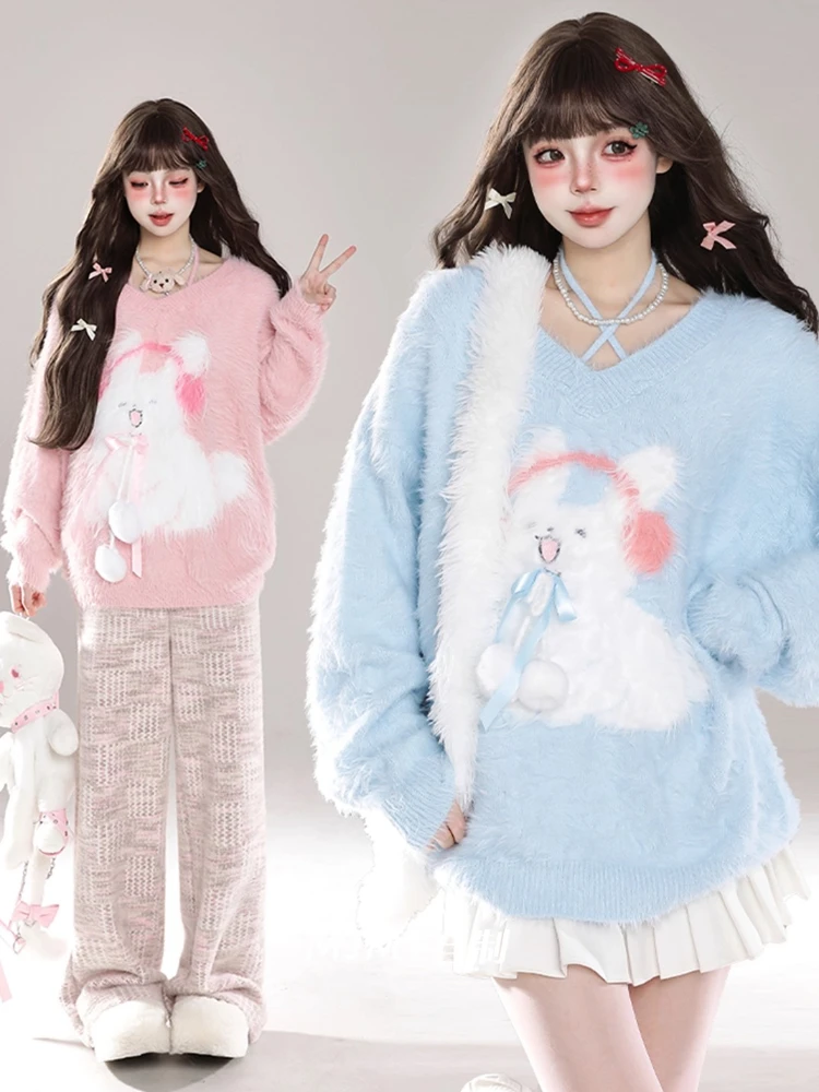 

Женский милый кавайный свитер с лямкой на шее и v-образным вырезом, осень-зима, повседневный свободный пушистый топ с принтом, элегантный Y2k Harajuku, модный теплый пуловер