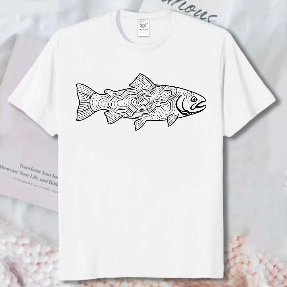 Trout Topographic Shirt Fly Fishing Contour Line Map Tee Minimalist Line Art Contour Map Outdoors Unisex Casual Shirt Cotton Tee