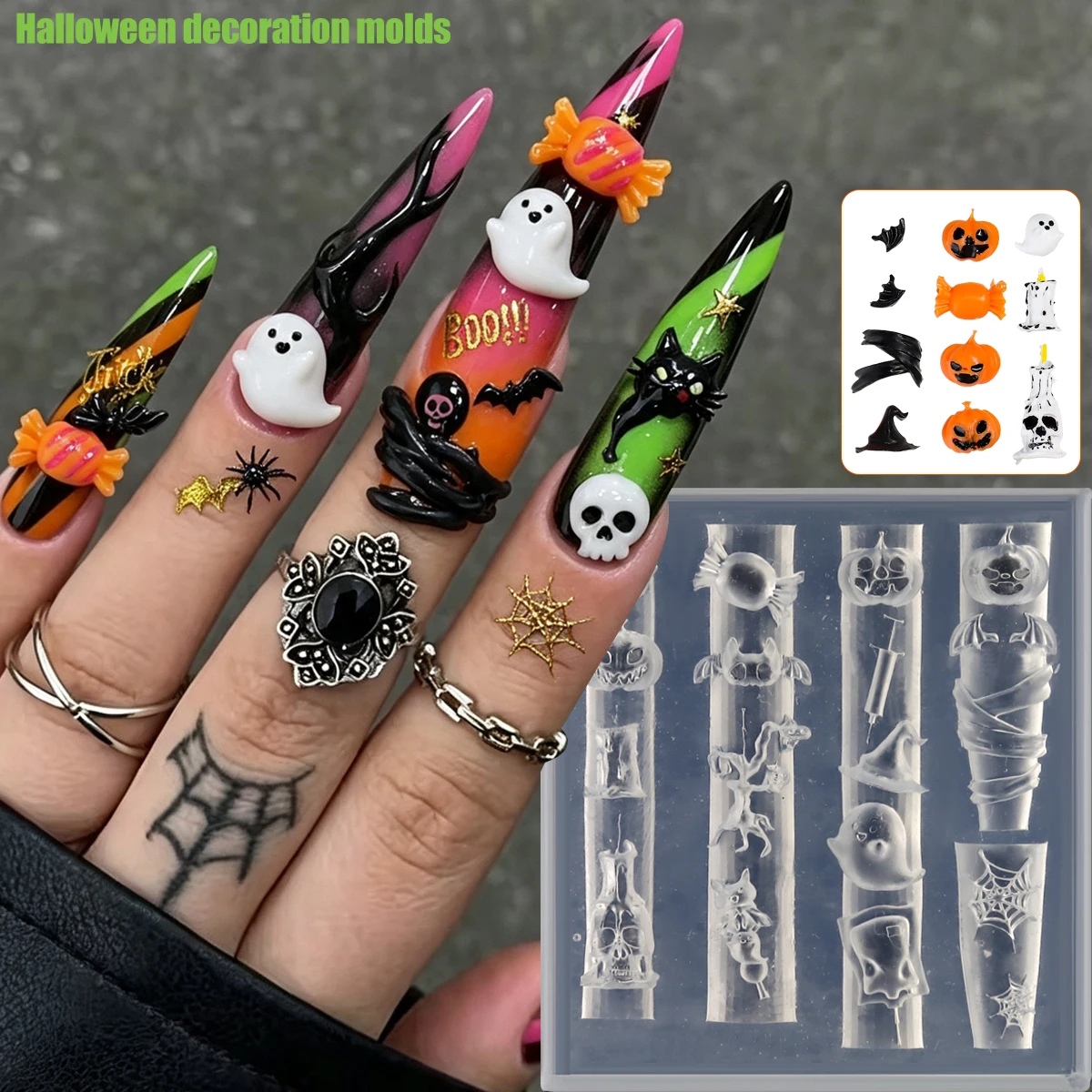Eine Halloween 3D-Silikon-Nagelkunstform mit Kürbis-, Geister-, Süßigkeiten- und Spinnennetz-Designs; wiederverwendbare transparente Schablone.