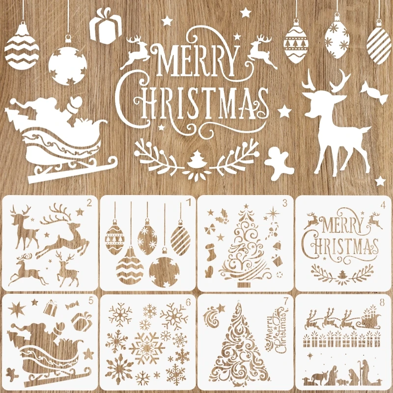 

8Pcs/set Christmas Stencils Wall Painting Scrapbook Stencil Embossing Album Paper Card Templates DIY Gift Crafts Home Decoration