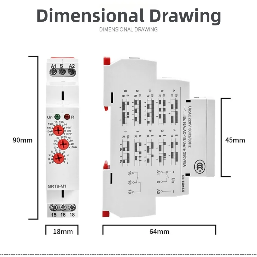 GRT8-M Multi-function Time Relay 10 Delay Modes, 0.1s-10 Days Adjustable, AC/DC 12-240V For Industrial Control