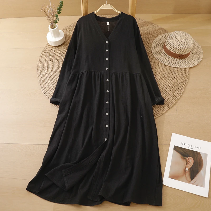 Spring Autumn Cotton Linen Loose V Neck Artistic Open Front Long Sleeve Knee Length Dress Casual Women plus Size Skirt