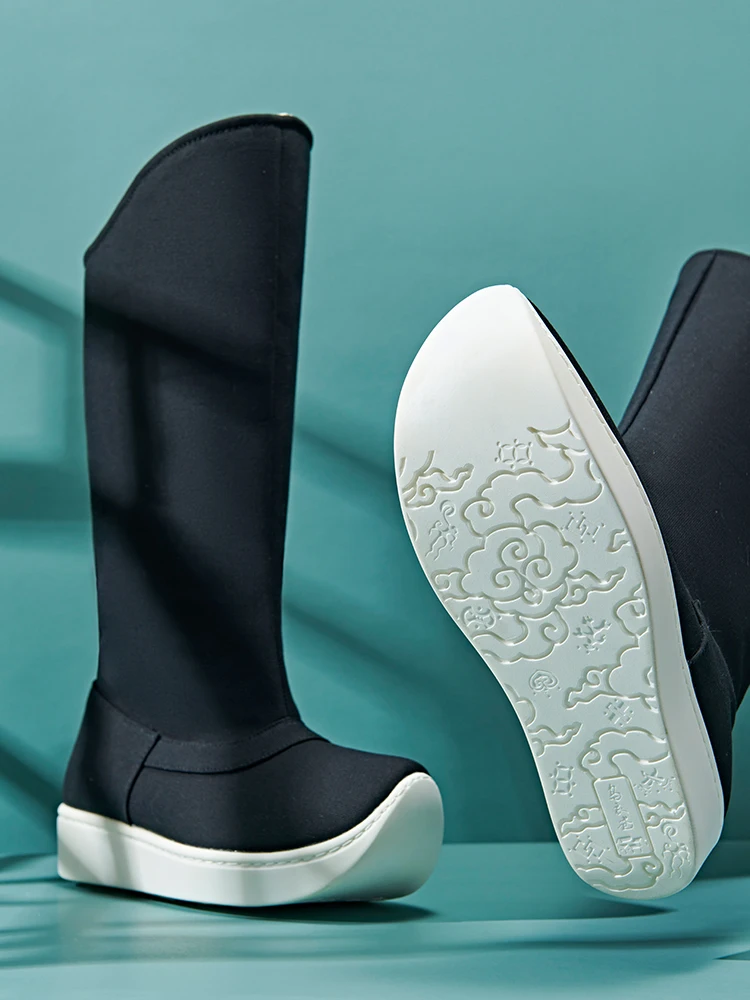 Fulujiacos Botas Hanfu de lona com sola grossa, botas de fantasia antigas com aumento de altura masculina, sapatos de pernas longas