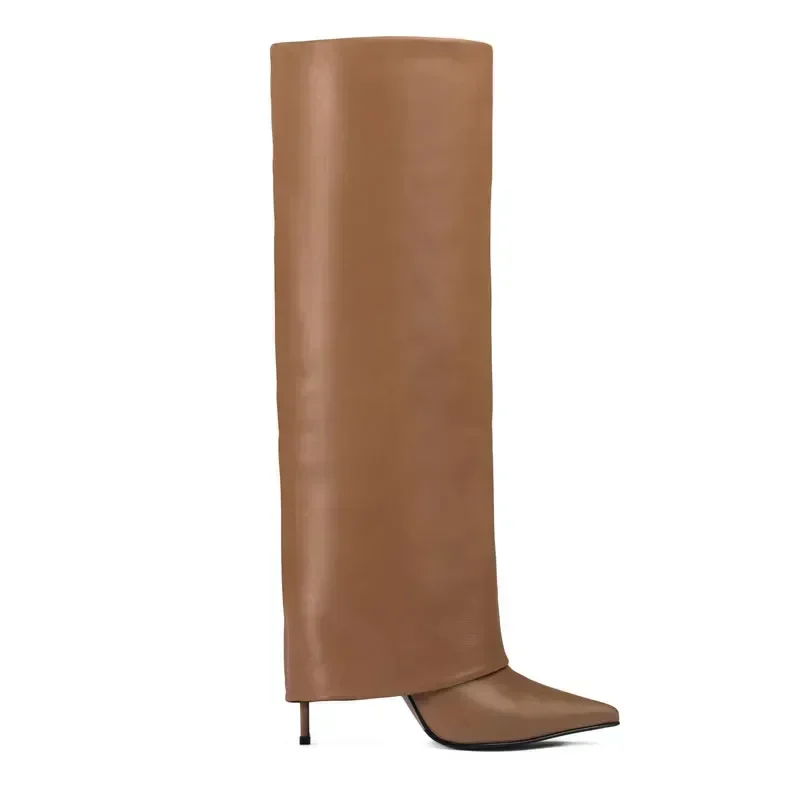 2024European and American Women's Knee High Leather Boots, Pointed Slim High-heeled Skirt Boots, Black Plus Size Long Boots