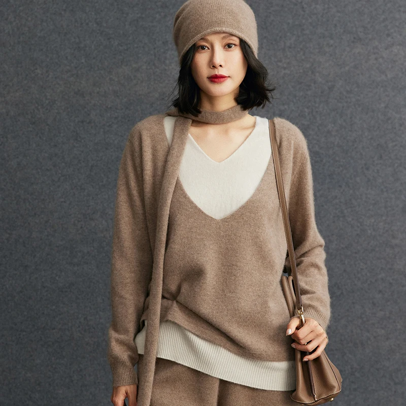 

Women 100% Cashmere Sweater V-neck Pullover Fake Two Piece Autumn Winter Thick Cashmere Knitted Soft Warm Clothing Loose Tops