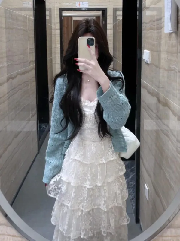 

Spring 2026 Women's Gentle Style Cardigan Dress Set Long Sleeve V-Neck High Waist Comfortable Warm Outfit Two-Piece Ensemble