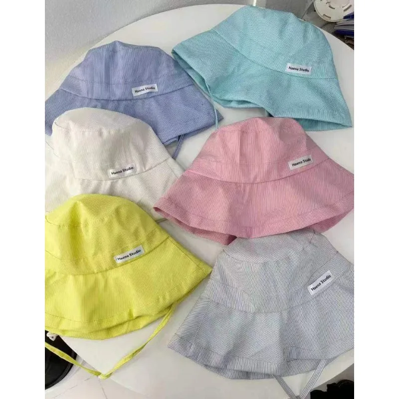 Ins Fresh Striped Strap Bucket Hat Spring and Summer New Korean Sweet Versatile Cute Candy Color College Style Women\'s Caps