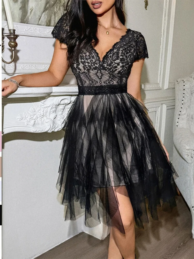 

Sexy Lace Dress V-neck Party Mesh Patchwork Slim Backless Lady Elegant Empire Spring Summer Fashion Chic birthday for women