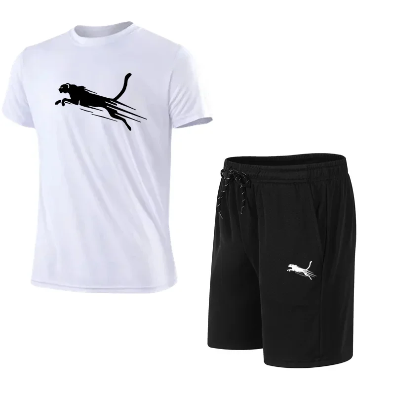 2025 夏のメンズランニングセットチータープリントトップカジュアル Tシャツ + ショーツ 2 点セットスローランニング通気性速乾性