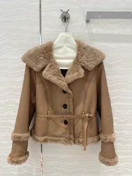 DI0*2024 AW Fashion Retro Sheepskin Jacket Temperament Lapel Laced Short Casual Biker Jacket Luxury Brand Women's Clothing