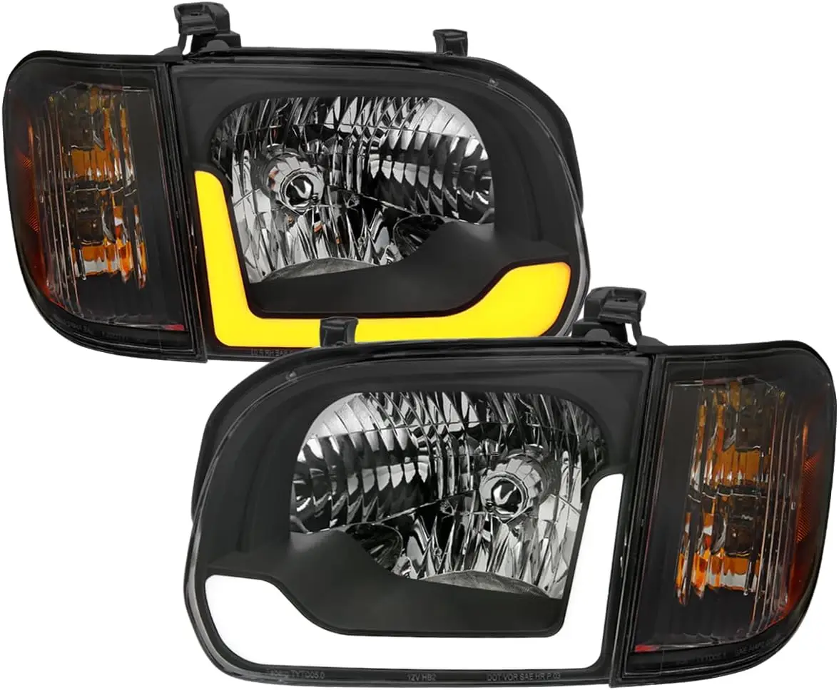 Sequential Switchback LED Headlamp Assembly with Corner Lights for 2005-2006 Toyota Tundra, Left and Right Pair, Black Housing