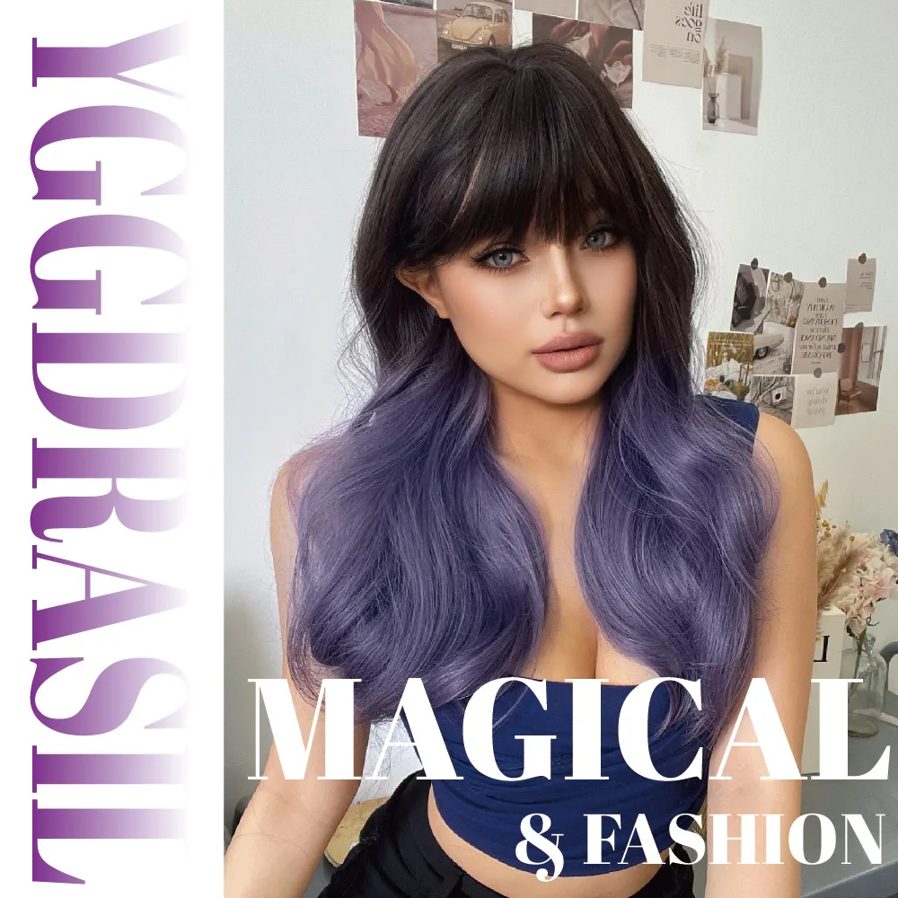 22Inch Purple-Black Ombre Magical Style Synthetic Wigs with Bangs Medium Wavy Hair Wig For Women Daily Use Heat Resistant