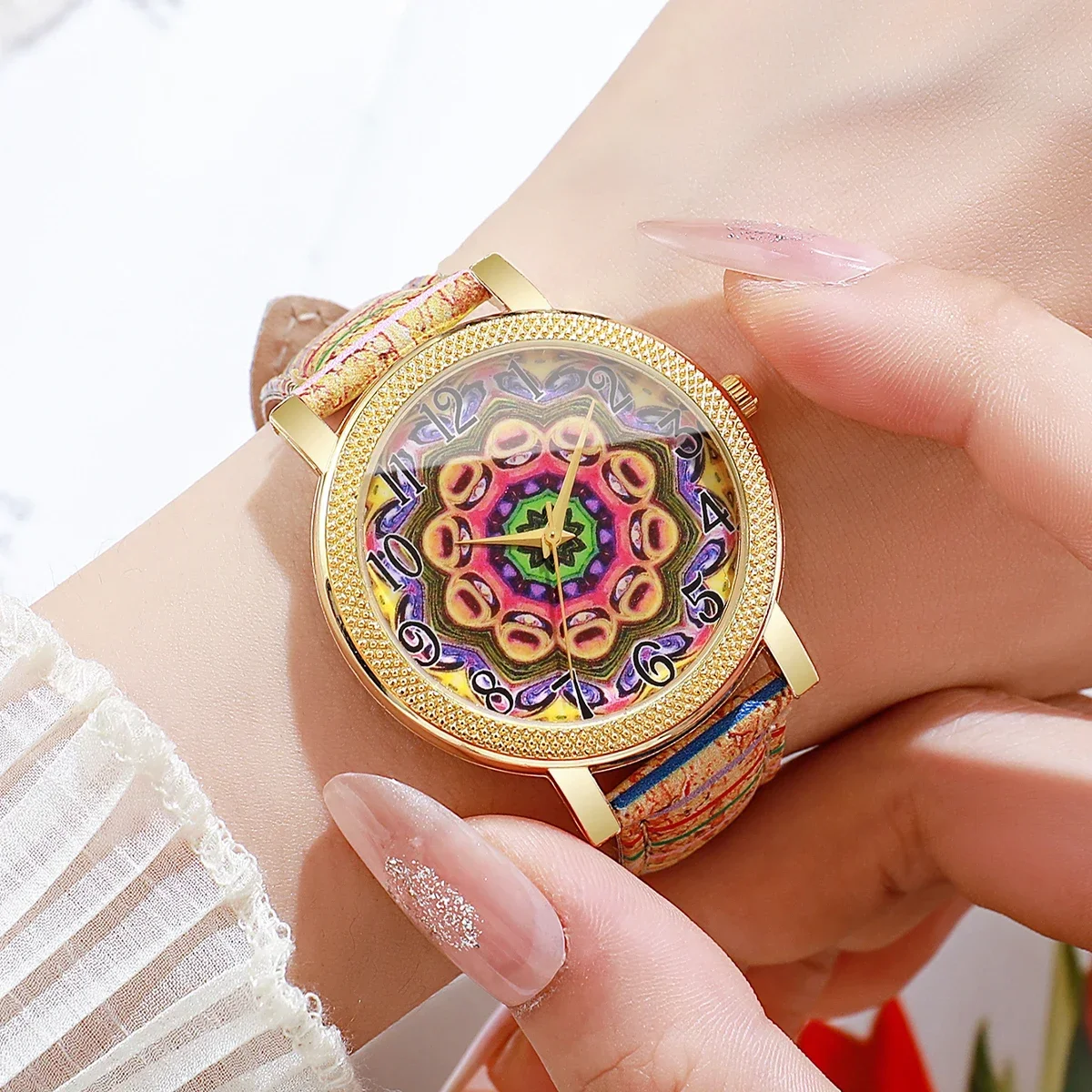 Surprise Blind Box Bohemian Women Watch, Mandala Print Dial Colorful Fabric Strap Quartz Wristwatch Girls Gift view 3