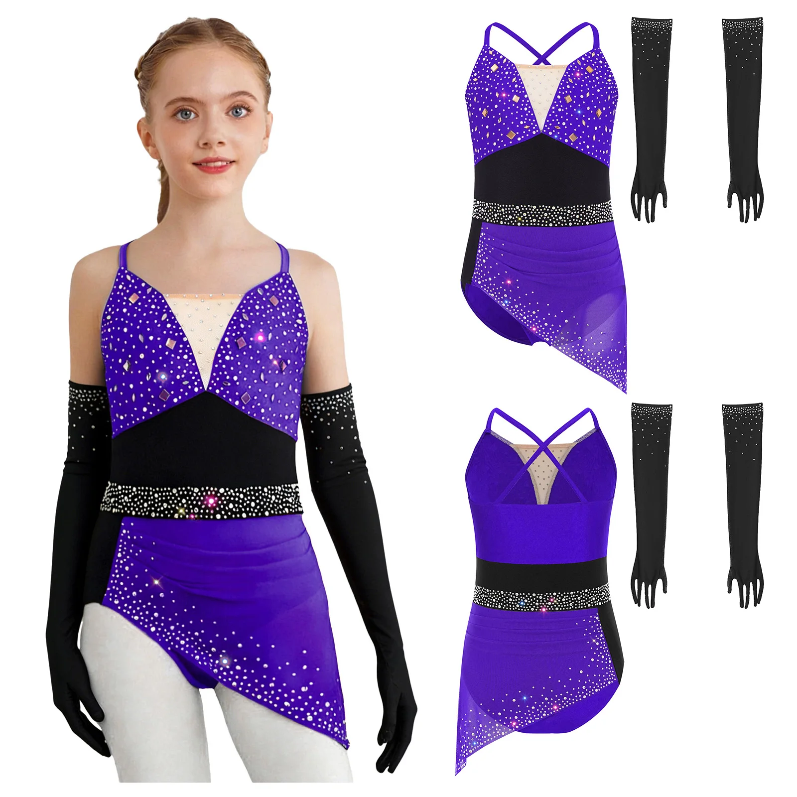 Children Girls Lyrical Dance Dress Shiny Rhinestones Figure Skating Gymnastics Acrobatics Latin Cha-cha Samba Rumba Bodysuit view 2