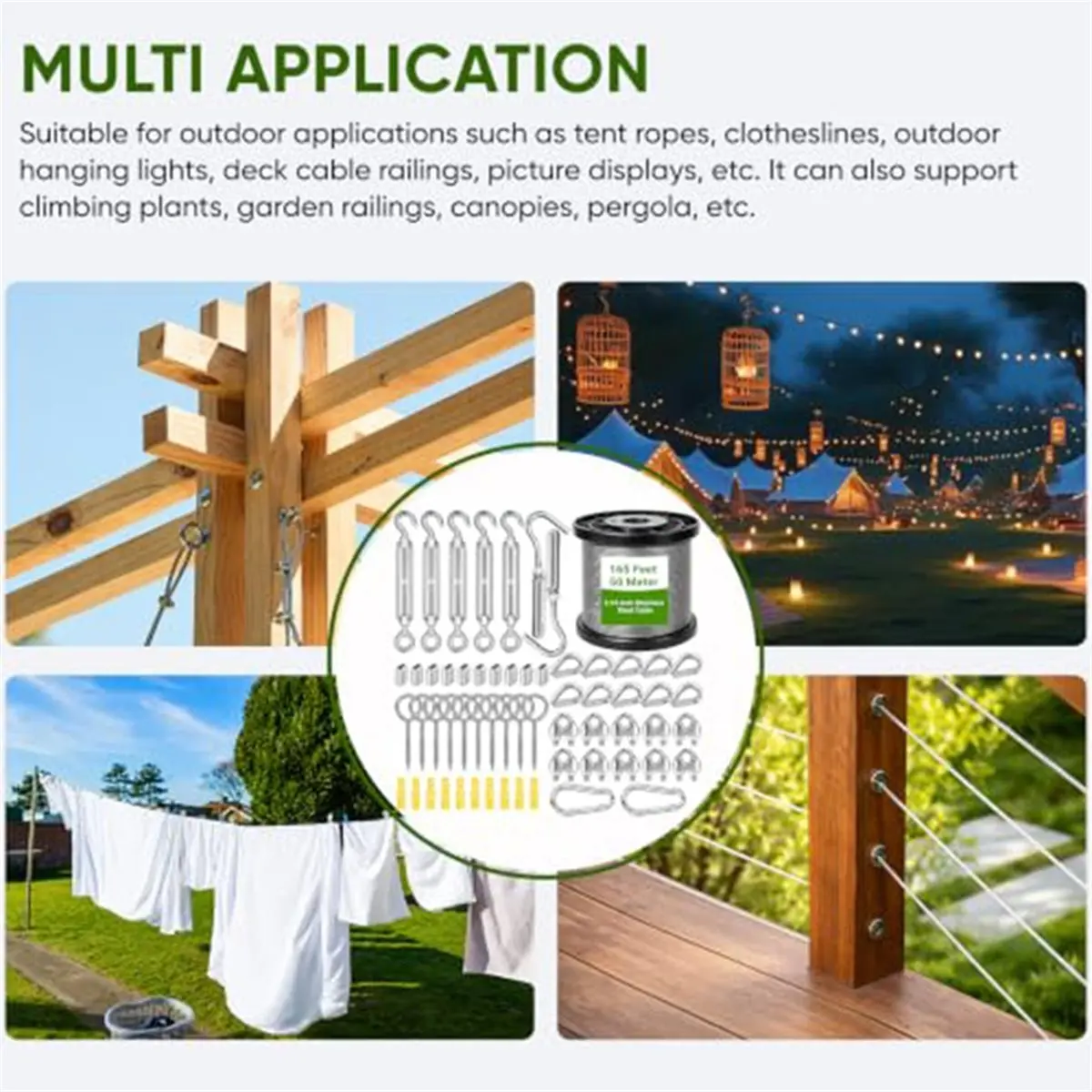 1/16-Inch Steel Wire Rope Kit for Garden Pergolas, Clotheslines, Railings, Trellises, Patios, Gardens, Wedding Lighting