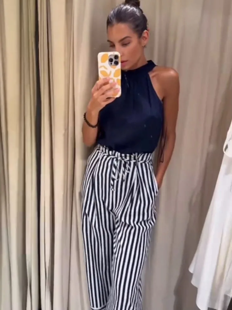 HH Women Autumn Fashion Crew Neck Belt Decoration Striped Jumpsuit Female Pockets Back Hollow Zipper Sleeveless Jumpsuit