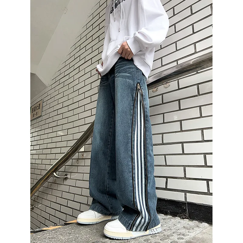 American Retro Jeans Striped Side Zipper Decoration Loose Wide Leg Pants Washed Straight Leg Casual Denim Pants Spring Autumn