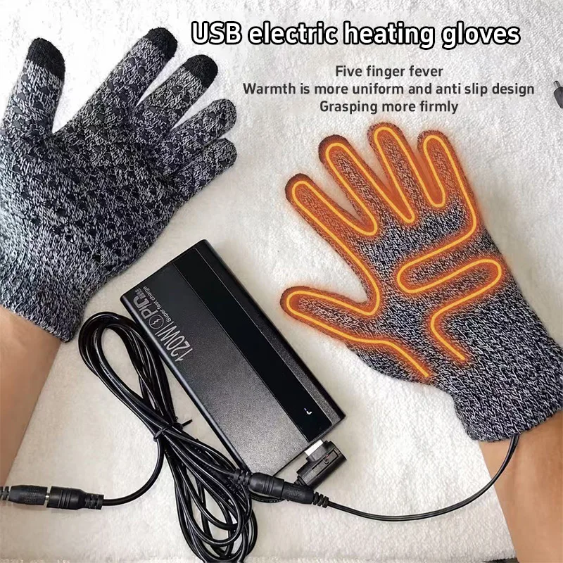 Usb Electric Heated Gloves Knitted Thermal Anti Slip Hand Warmer Adjustable Temperature Touchscreen Outdoor Cycling Fishing Ski