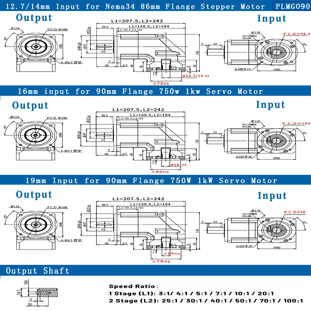 Imagem -04 - Redutor de Canto Engrenagem Helicoidal Caixa de Velocidades Planetária Redutor Angular Direito para 90 mm Flange Servo Motor Relação 3:1100:1 Nema34