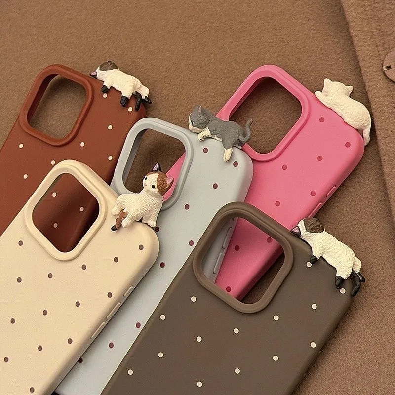 Niedliche Cartoon 3D-Katzen-Dekorations-Handyhülle mit Polka-Dot-Muster für iPhone 16 17 18 Pro Max Hülle iPhone 15 14 Plus 12 13 11 Pro Max Cover – Detail 3