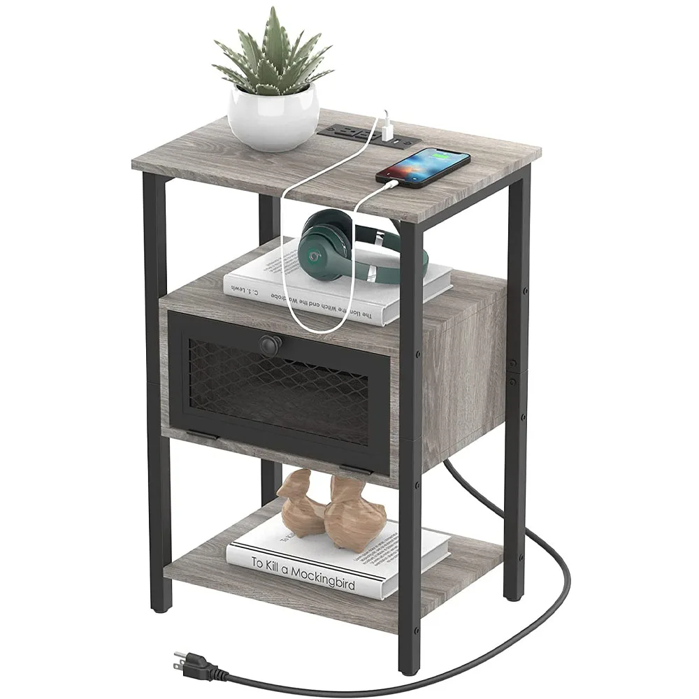 

Nightstand with Charging Station Wood Night Stand Grey Bedside Table W/USB Ports