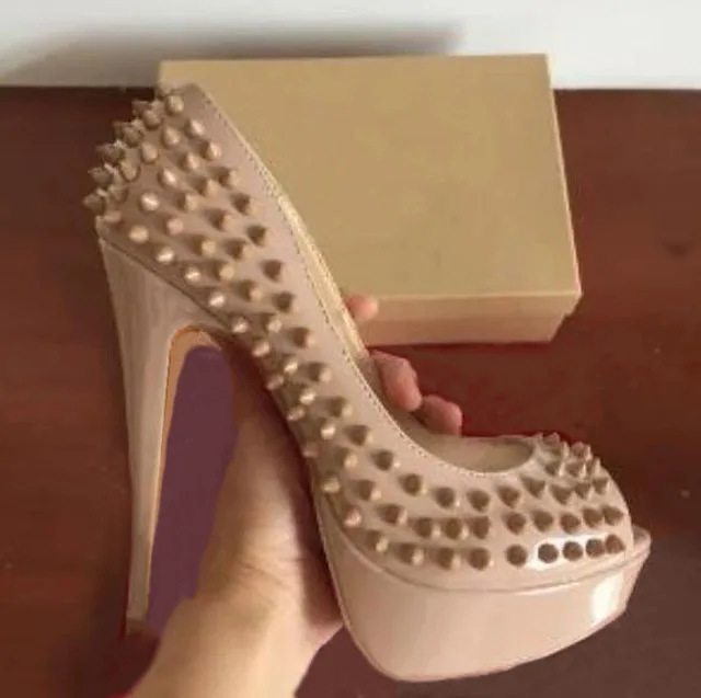 Gold 14cm Super high Heels Platform Pumps Female Rivets Studs Nude Black Patent Leather Peep-Toe Women Wedding Sandals Shoes