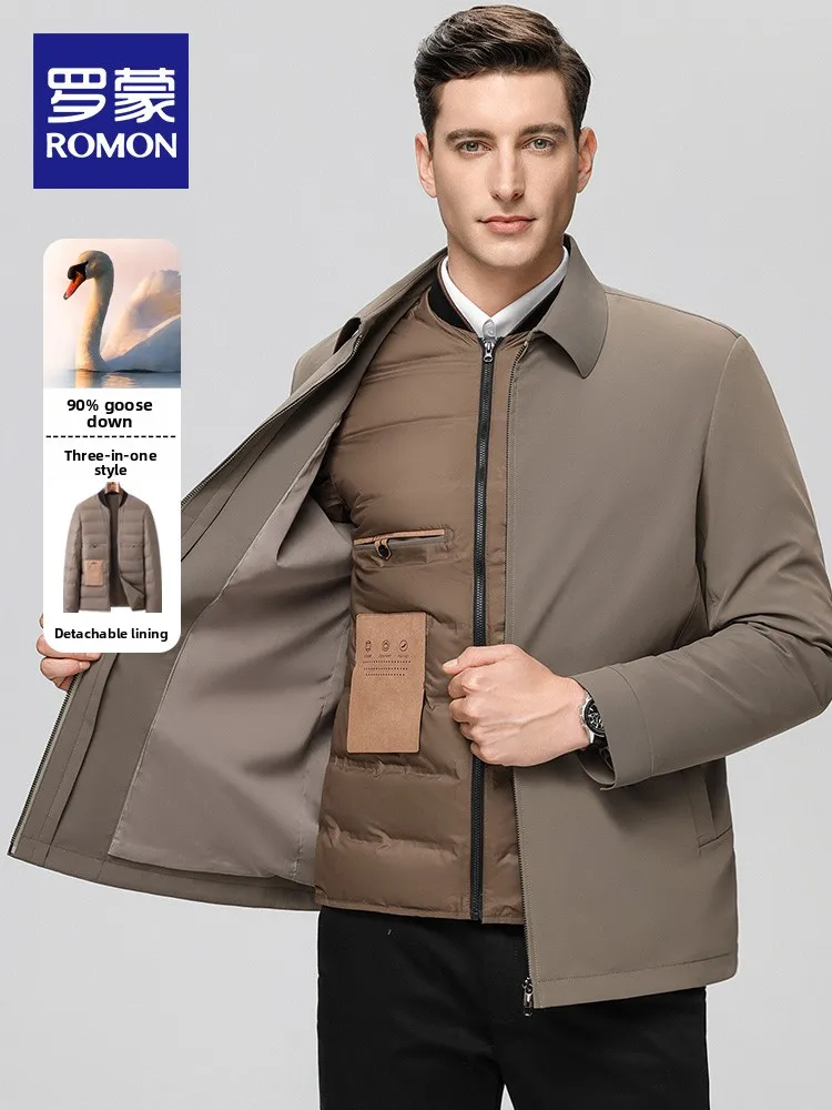 Removable down Inner  Men's Short Collar Parka Warm Outerwear Business Gentleman Style Nylon Fabric Polyester 