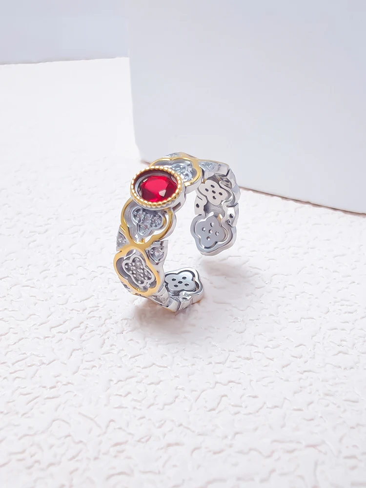 

S925 Sterling Silver Women Ring Red Zirconia Court Flower Pattern Hollow Retro Opening Adjustable Jewelry Women Wear Party Gifts