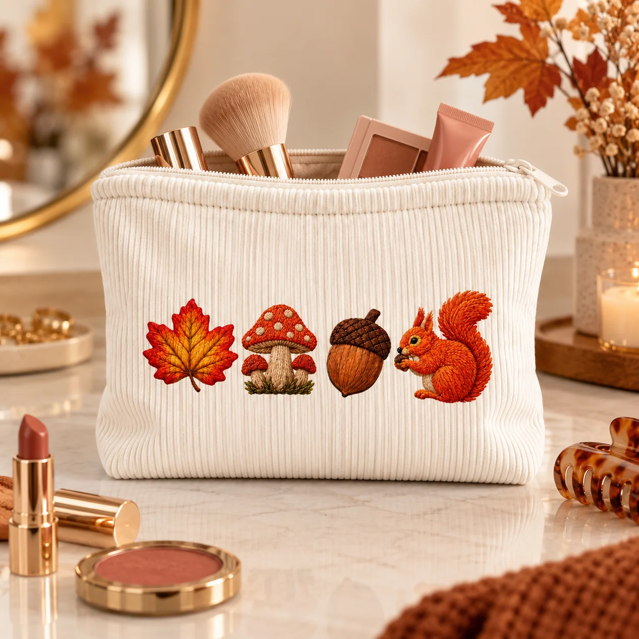 Printed Cosmetic Bag Soft Corduroy Makeup Pouch Squirrel Mushroom Pattern Travel Toiletry Organizer Storage Case for Women Girls
