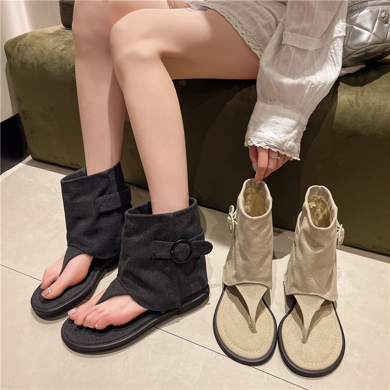 Belt Buckle Summer Open Sandals 2024 New Casual Shallow Cover Heel Flat Short Boots khaki Fashion Women Roman Sandals