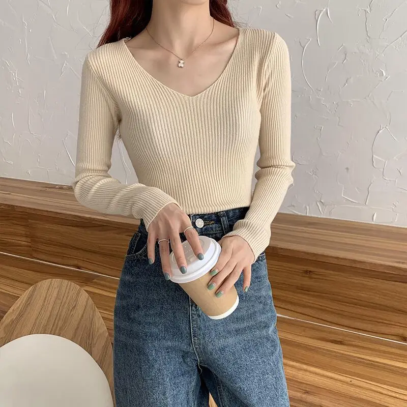 니트 스웨터 여성 풀오버 신상 긴팔 브이넥 화이트 니트 스웨터 풀오버 여성 상의 니트웨어 스웨터 여성용 Q1020