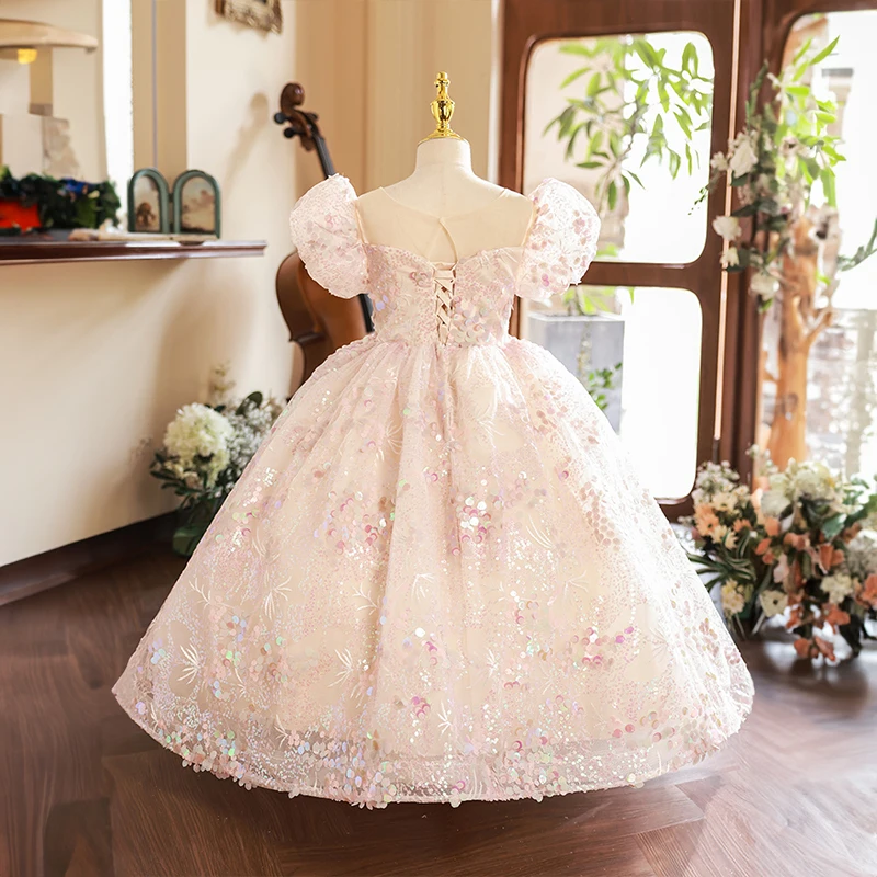 Flower Girl Champagne Pink Dresses for Wedding Bridesmaid Kids Formal Luxury Birthday Party Sequin Dress Long Evening Gown Child