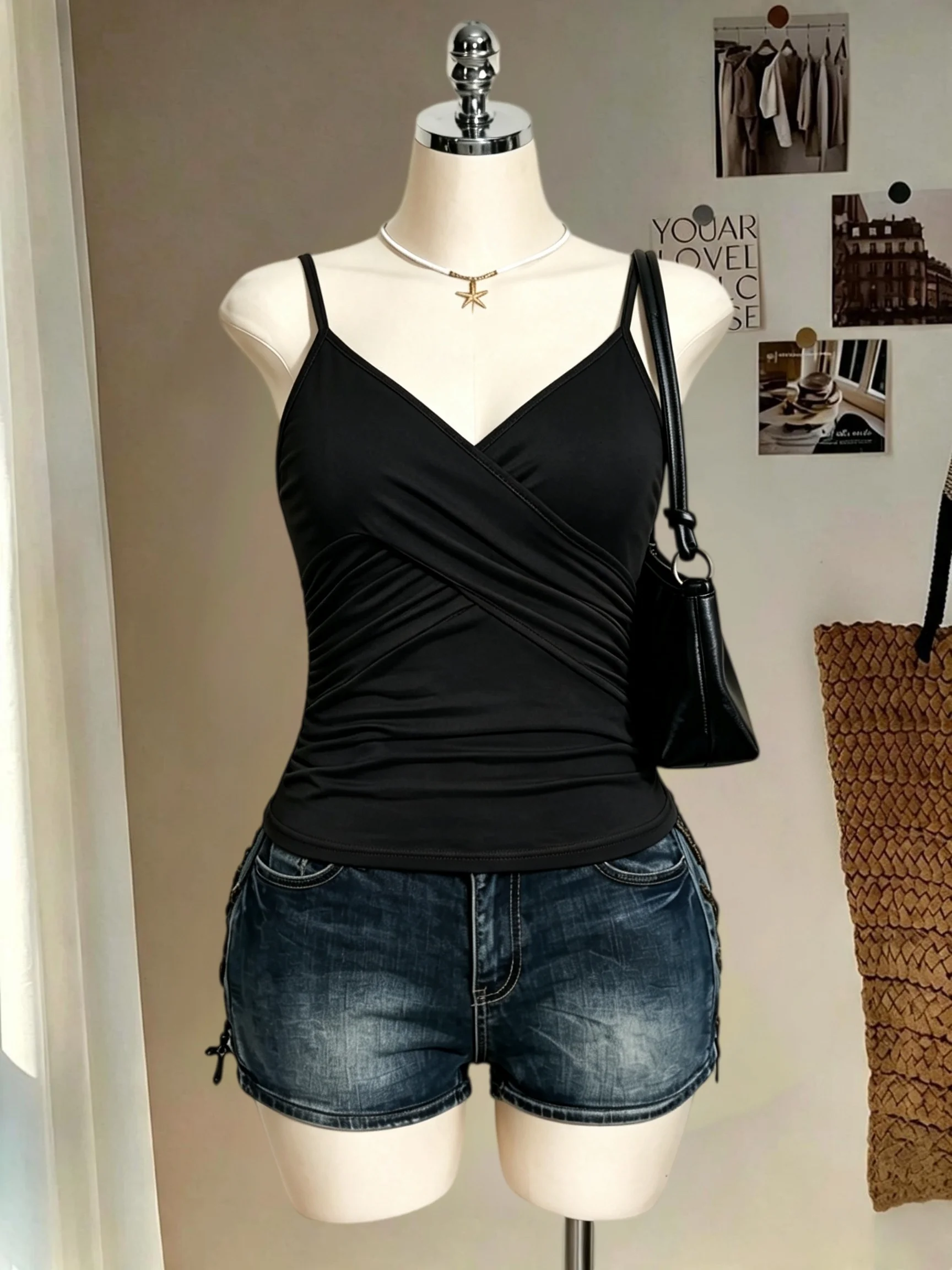 Plus Size Women V Neck Cross Wrap Crisscross Front Ruched Spaghetti Strap Crop Tank Top Slim Fit Y2K Sexy Casual Party Cami Top