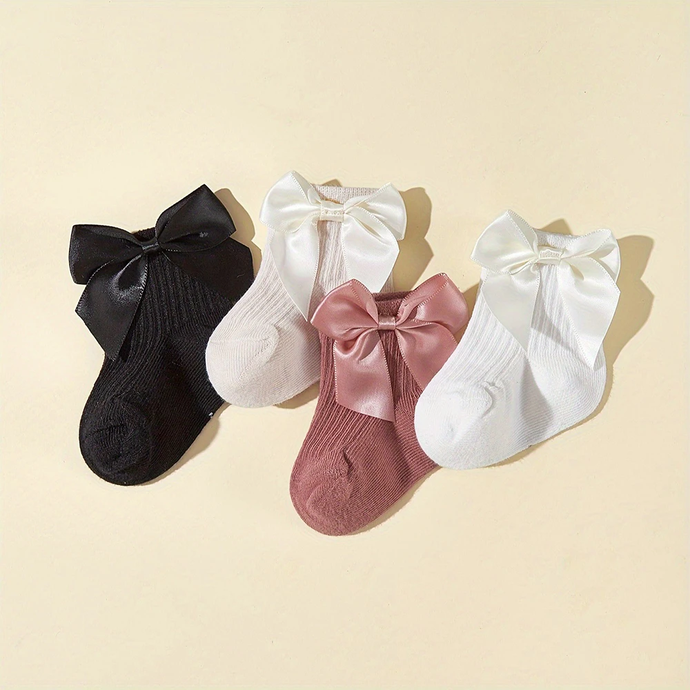 4 Pairs/Lot Summer Kids Socks 0-6T Solid Color Bow Baby Socks Pit Stripe Children Princess Socks Ventilate Girls Socks