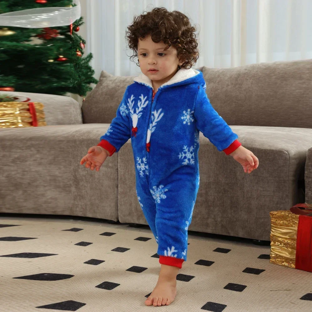 New Year's Clothes Flannel Warm Thicken One-Piece Suit Christmas Pajamas Set Zipper Hooded Jumpsuit Romper Xmas Family Look Pjs