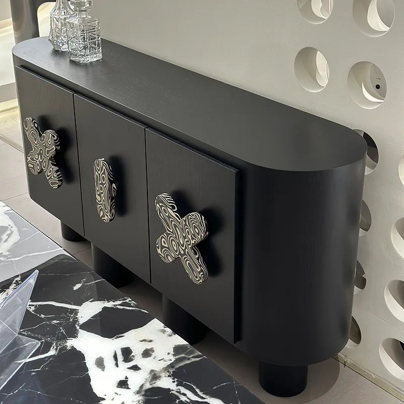 Средневековый черный обеденный боковой шкаф из цельного дерева, домашний входной шкаф в стиле ретро