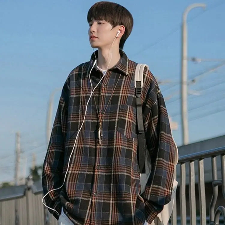 Plaid Shirt Long Sleeve Men's High-end Handsome Trendy Yuppie Jacket