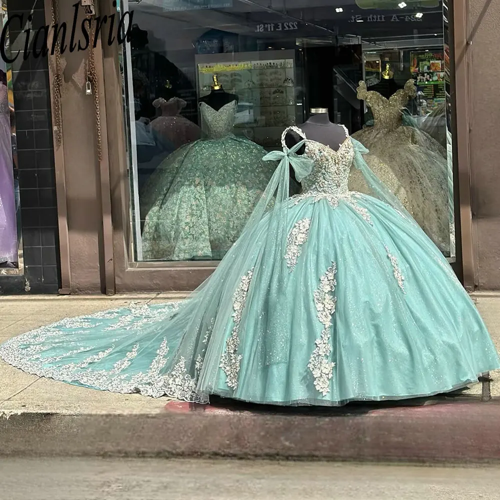 Vestido De quinceañera De princesa verde menta con tirantes finos, vestido De baile, cintas, Apliques De encaje, corsé con cuentas, 15 Años