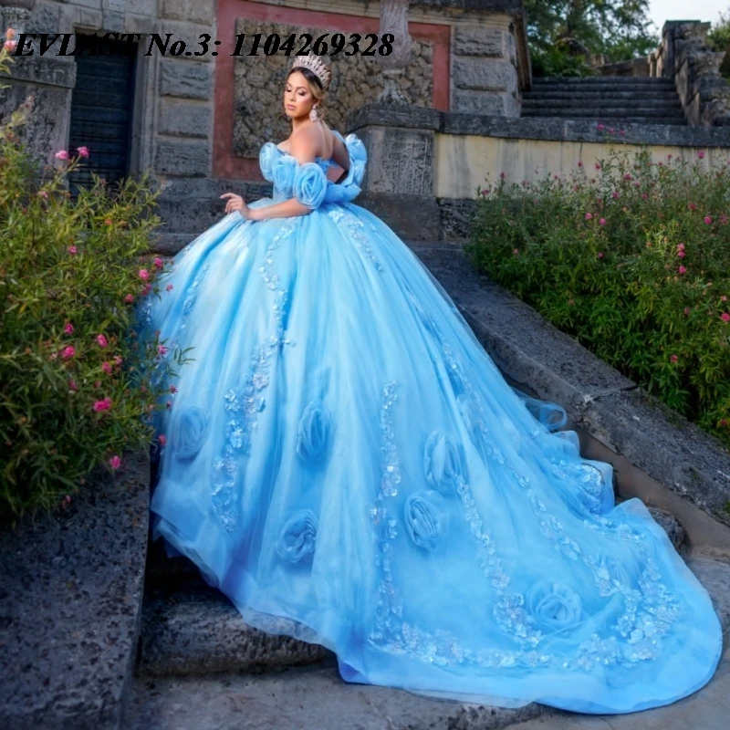 

EVLAST индивидуальное блестящее небесно-голубое платье Quinceanera, бальное платье с цветочной аппликацией, корсет из бисера, Sweet 16, Vestidos 15 De Anos E3Q880