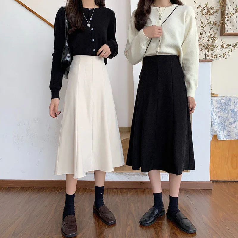 

Zoki High Waist Preppy Women Midi Skirts Autumn Winter Vintage Solid All Match A Line Skirts Korean Elegant Casual Skirts New